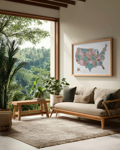 Pink and teal watercolor map of the US - Poster / Art Print - interiör