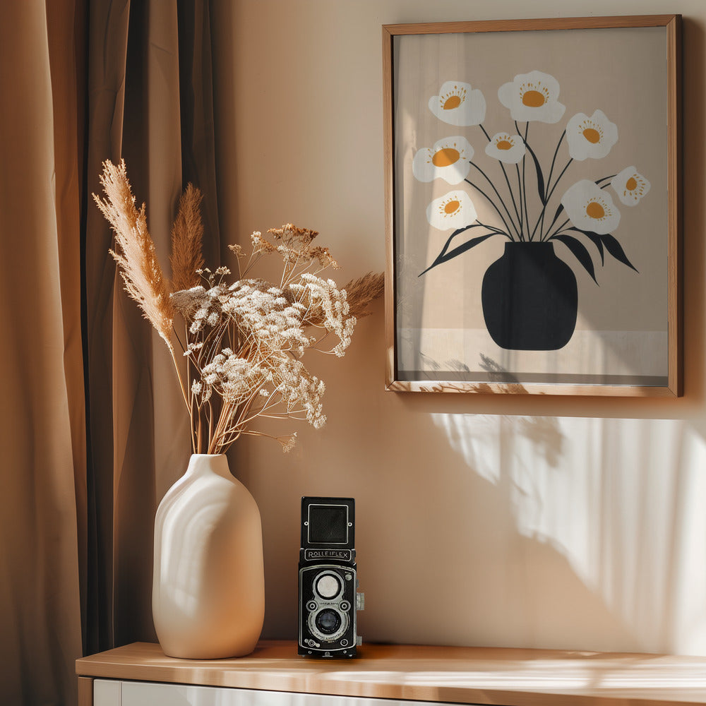 White Flowers in Black Vase - Poster / Art Print - interiör