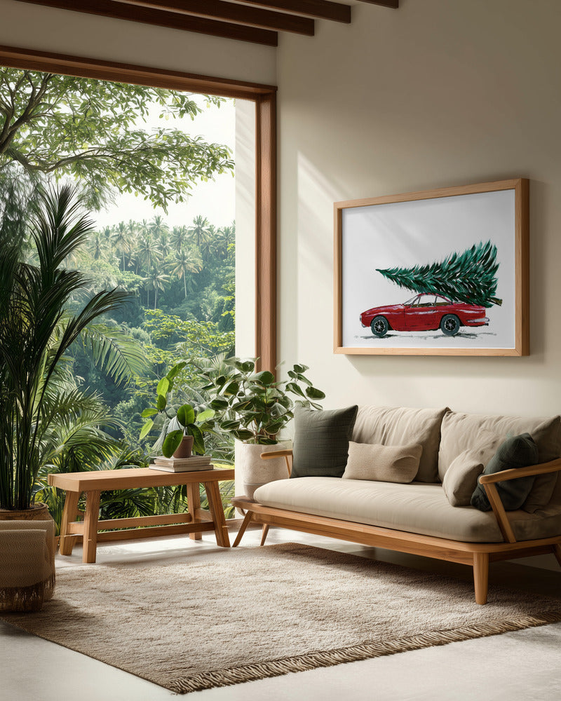 Eighties car carrying a Christmas tree - Poster / Art Print - interiör