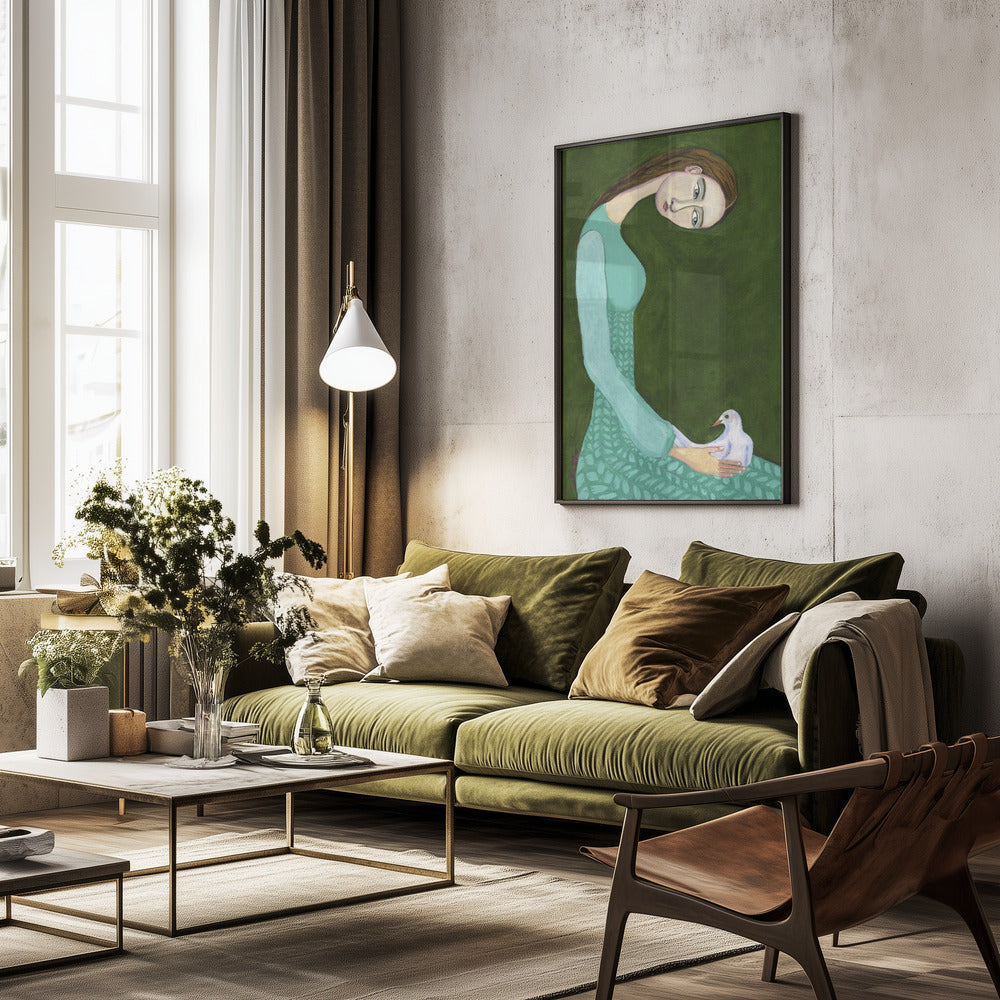 Lady sitting with white dove bird woman - Poster / Art Print - interiör