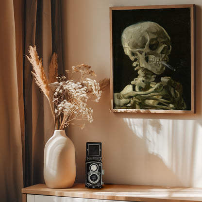 Head of a skeleton with a burning cigarette - Poster / Art Print - interiör