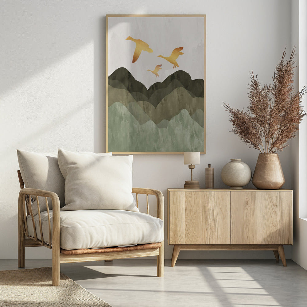 Golden Birds Flying Over Mountains - Poster / Art Print - interiör