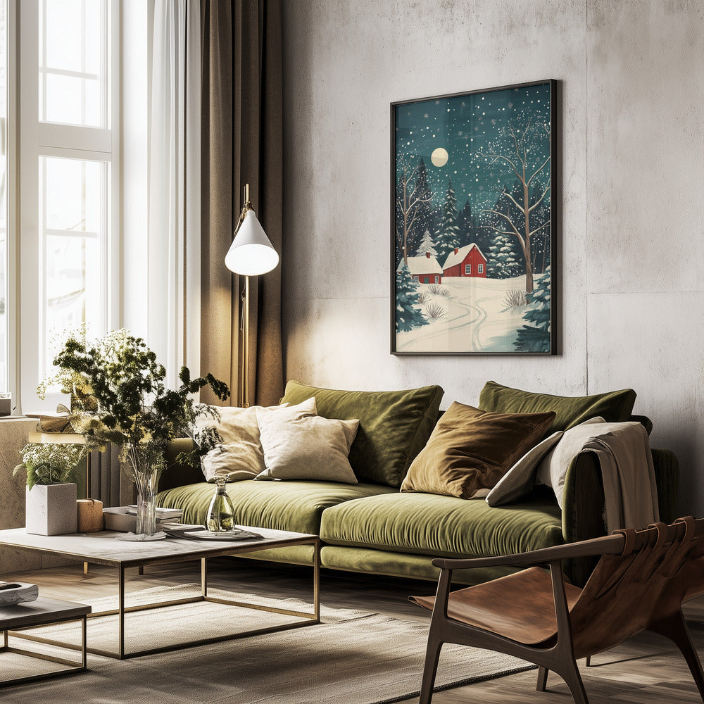 Red Houses and Snowy night sky - Poster / Art Print - interiör