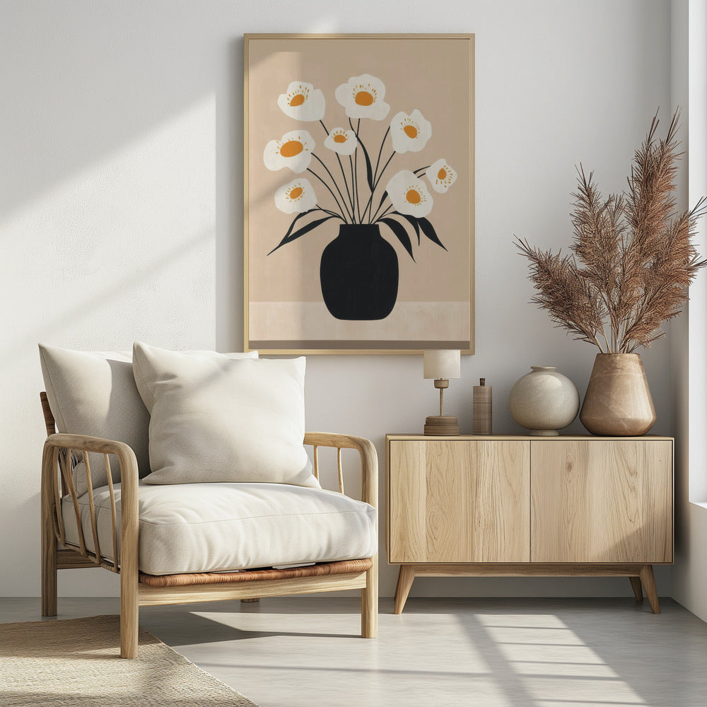 White Flowers in Black Vase - Poster / Art Print - interiör