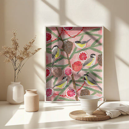 Winter birds Tits in the pine tree at Christmas - Poster / Art Print - interiör