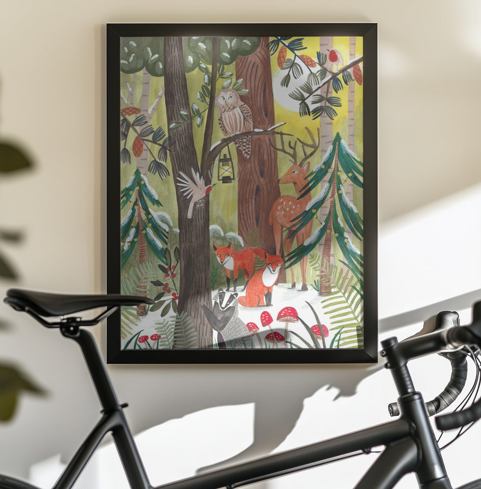 Green Christmas forest with animals - Poster / Art Print - interiör