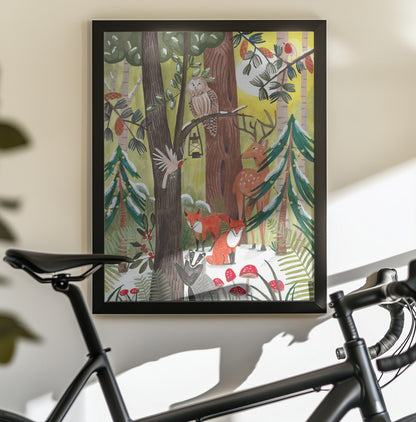 Green Christmas forest with animals - Poster / Art Print - interiör
