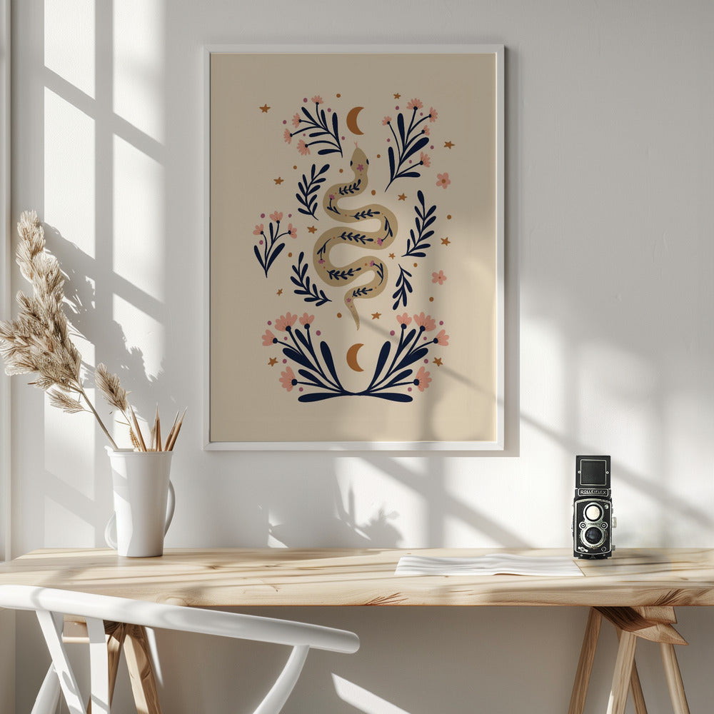 Snake And Flowers Beige And Indigo - Poster / Art Print - interiör