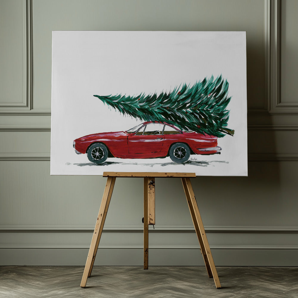 Eighties car carrying a Christmas tree - Poster / Art Print - interiör