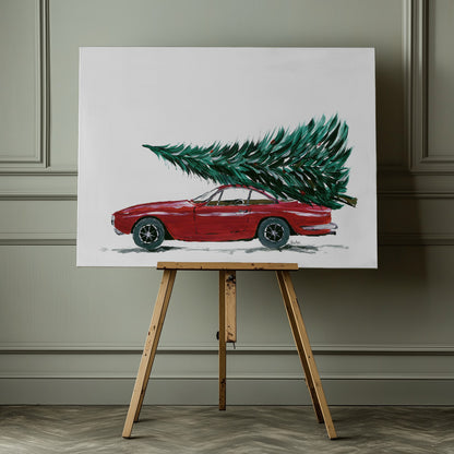 Eighties car carrying a Christmas tree - Poster / Art Print - interiör