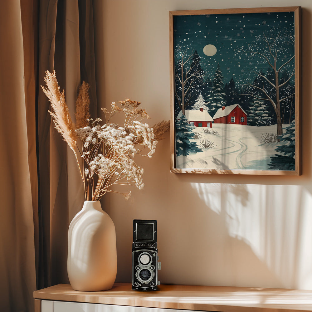 Red Houses and Snowy night sky - Poster / Art Print - interiör