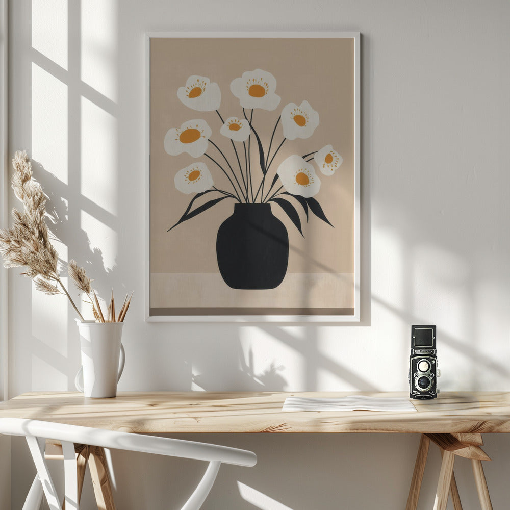 White Flowers in Black Vase - Poster / Art Print - interiör