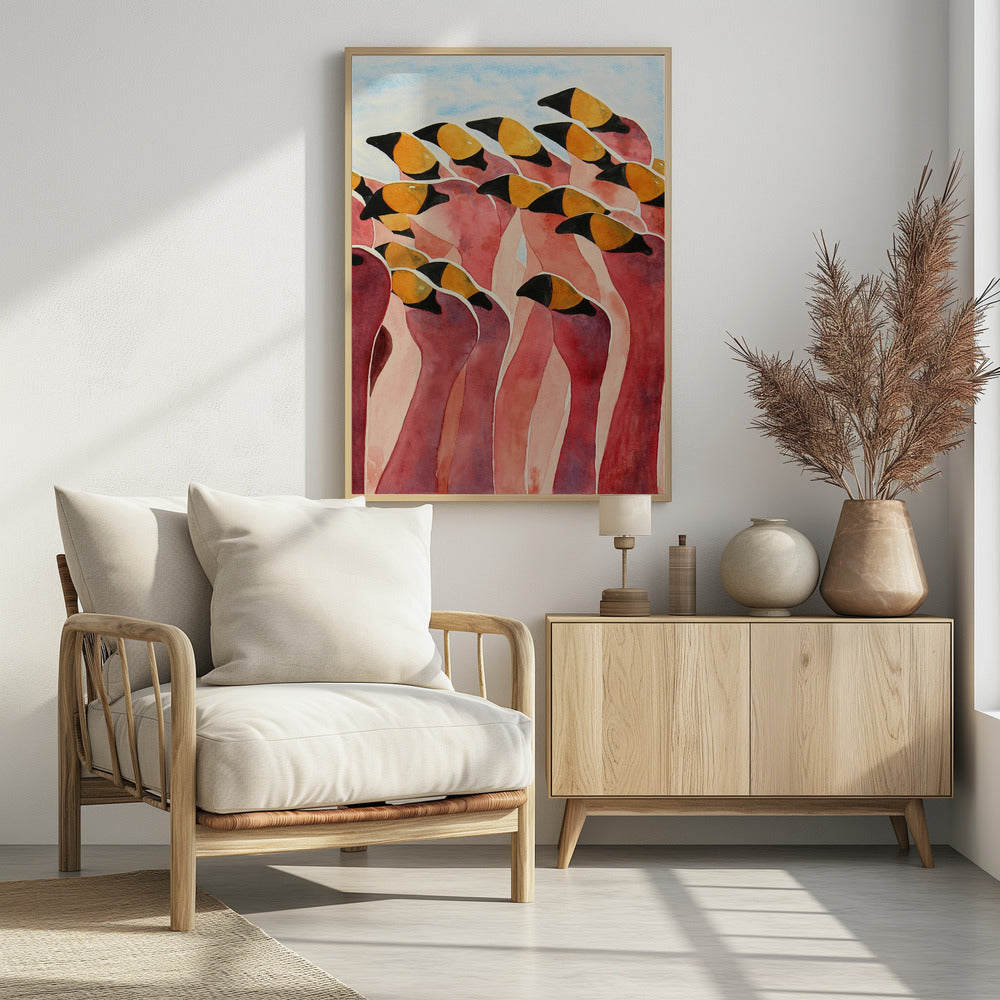 Group of Pink Flamingos With Heads Up - Poster / Art Print - interiör
