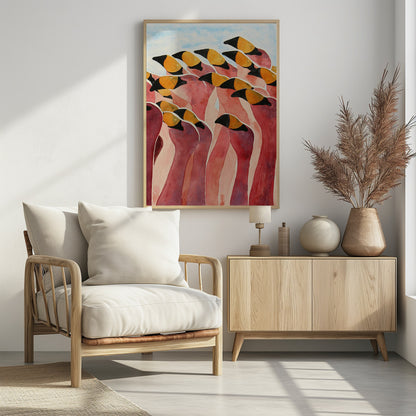 Group of Pink Flamingos With Heads Up - Poster / Art Print - interiör