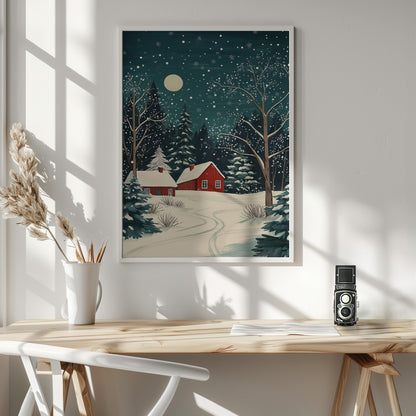 Red Houses and Snowy night sky - Poster / Art Print - interiör