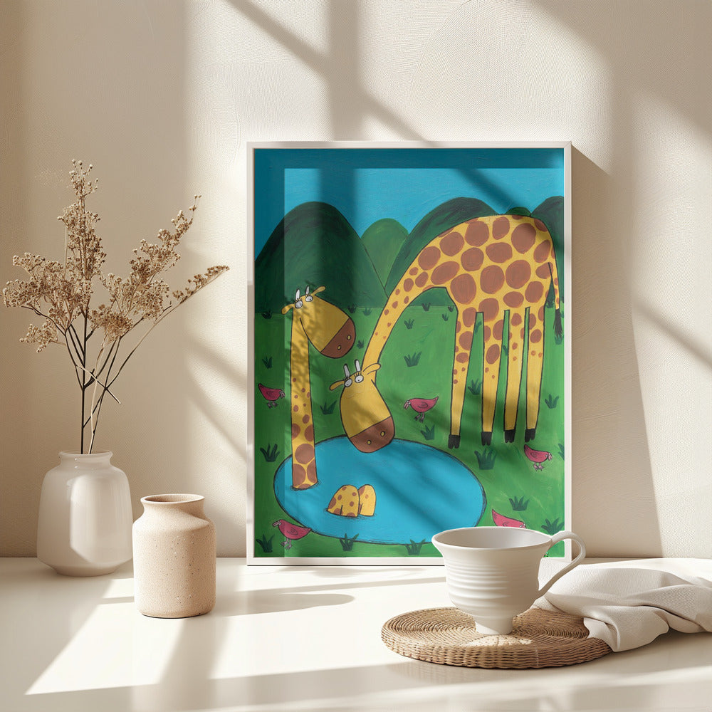Mommy with Baby Giraffe in a Watering Hole by Artist Carla Daly - Poster / Art Print - interiör