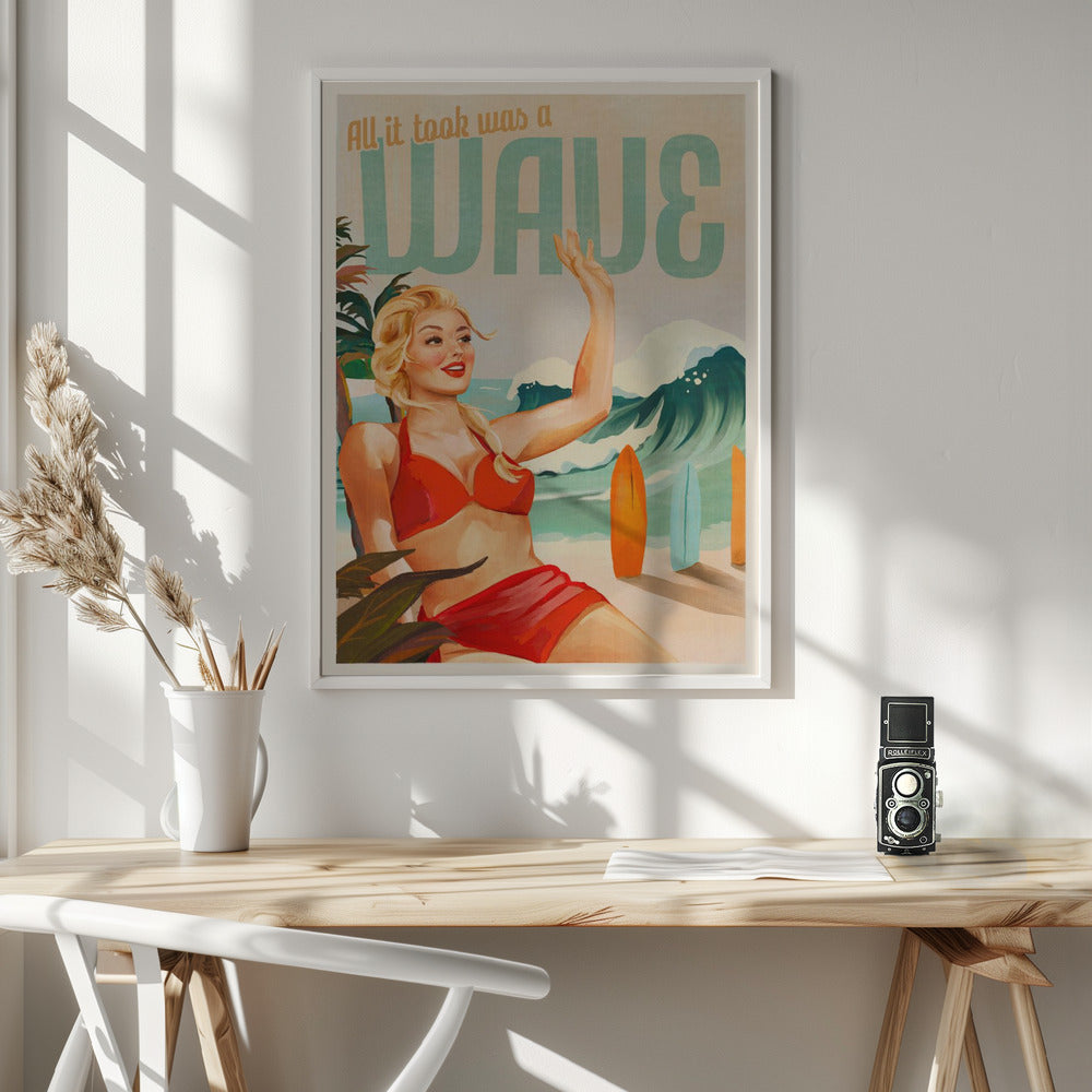 Surfing Pinup Girl On Beach In Bikini - Poster / Art Print - interiör