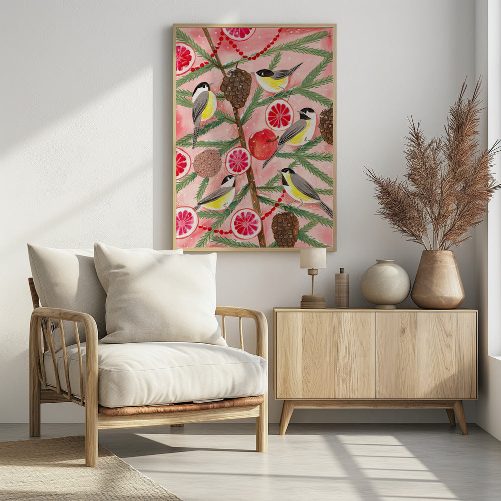 Winter birds Tits in the pine tree at Christmas - Poster / Art Print - interiör