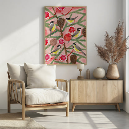 Winter birds Tits in the pine tree at Christmas - Poster / Art Print - interiör