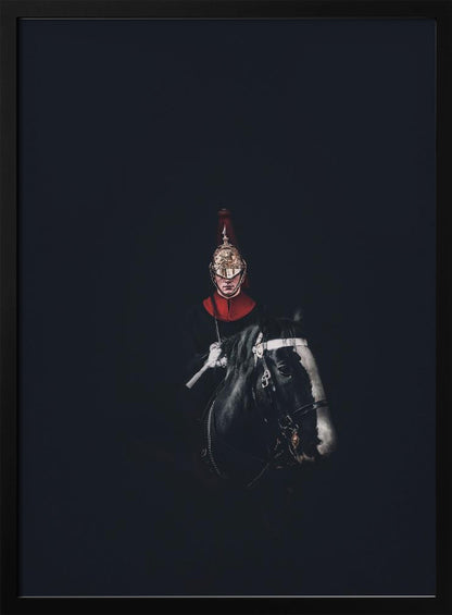 A dramatic portrait of a British Royal Guard on a black horse, emerging from a completely black background. The guard is wearing a traditional uniform with a red collar and a shiny gold helmet with a red plume. Poster