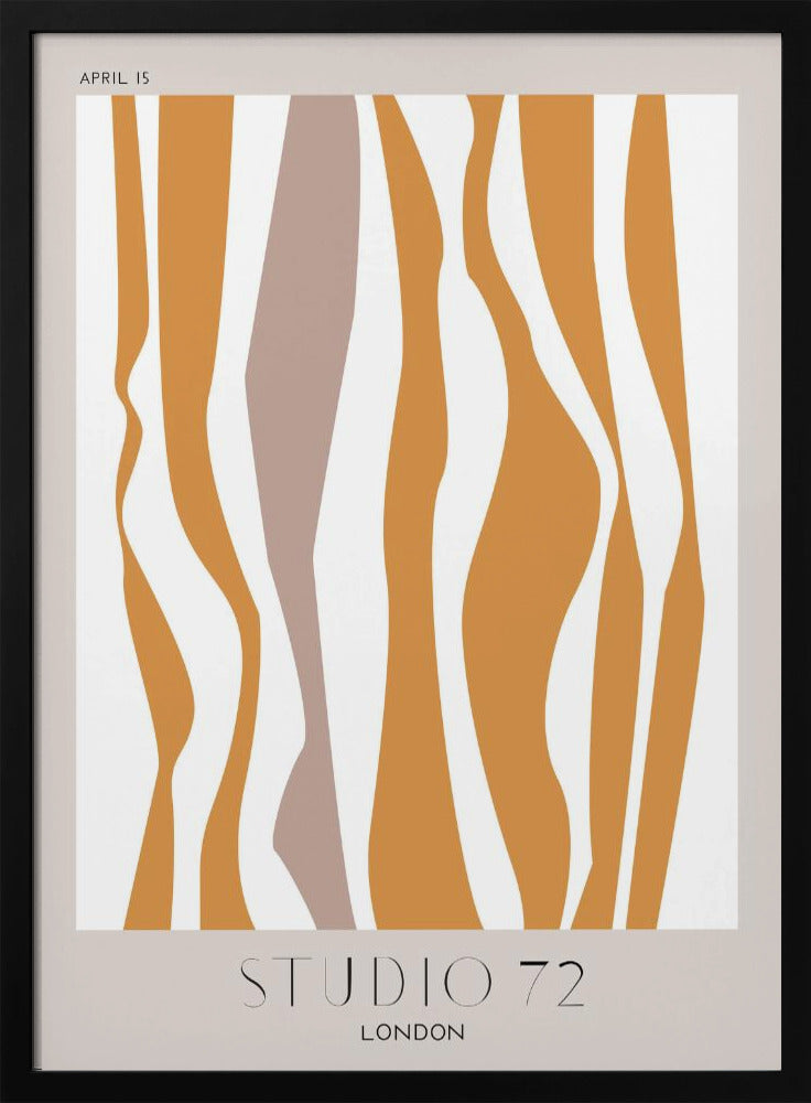 A modern abstract art print in a black frame, featuring wavy vertical stripes in mustard orange and muted mauve against an off-white background. The print has a light beige border with 'APRIL 15' at the top and 'STUDIO 72 LONDON' at the bottom. Artwork