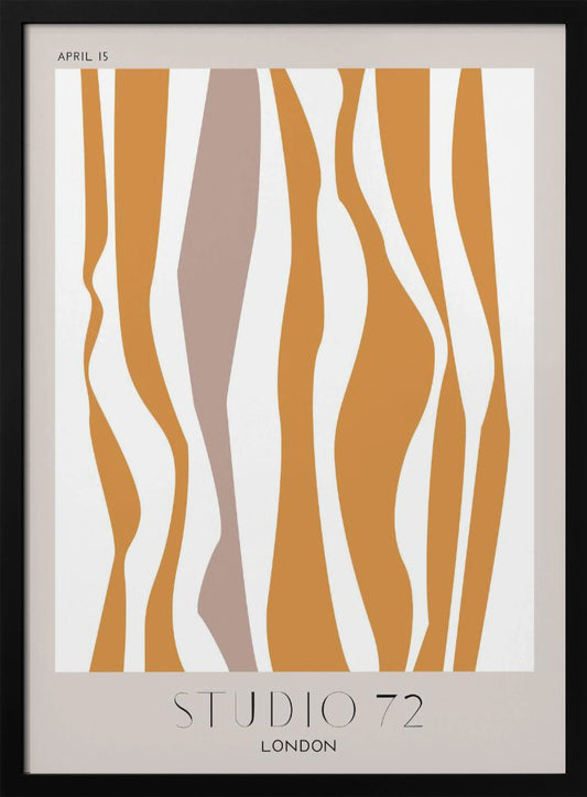 A modern abstract art print in a black frame, featuring wavy vertical stripes in mustard orange and muted mauve against an off-white background. The print has a light beige border with 'APRIL 15' at the top and 'STUDIO 72 LONDON' at the bottom. Artwork