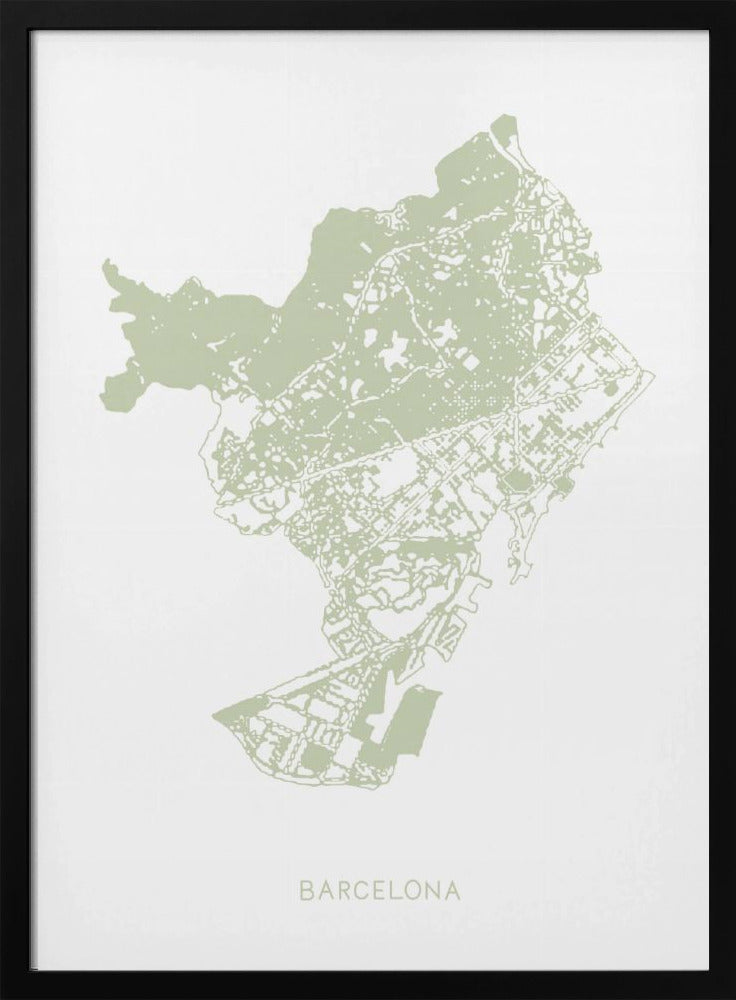 A minimalist art print of a Barcelona city map, rendered in a pale sage green on a white background. The print is framed in a simple black frame, with the city's name 'BARCELONA' typed at the bottom. Poster