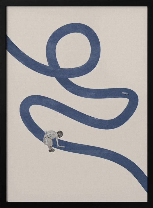 A minimalist collage artwork featuring a thick, winding blue path on a textured beige background. In the lower half, a small child is shown leaning over and appearing to paint the blue path with a roller, creating a surreal and imaginative scene. The artwork is presented in a thin black frame. Decor