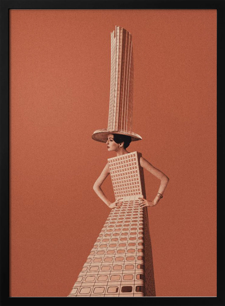 A surrealist collage featuring a woman whose dress and hat are made from a skyscraper, posing with hands on her hips against a grainy orange background within a black frame. Artwork