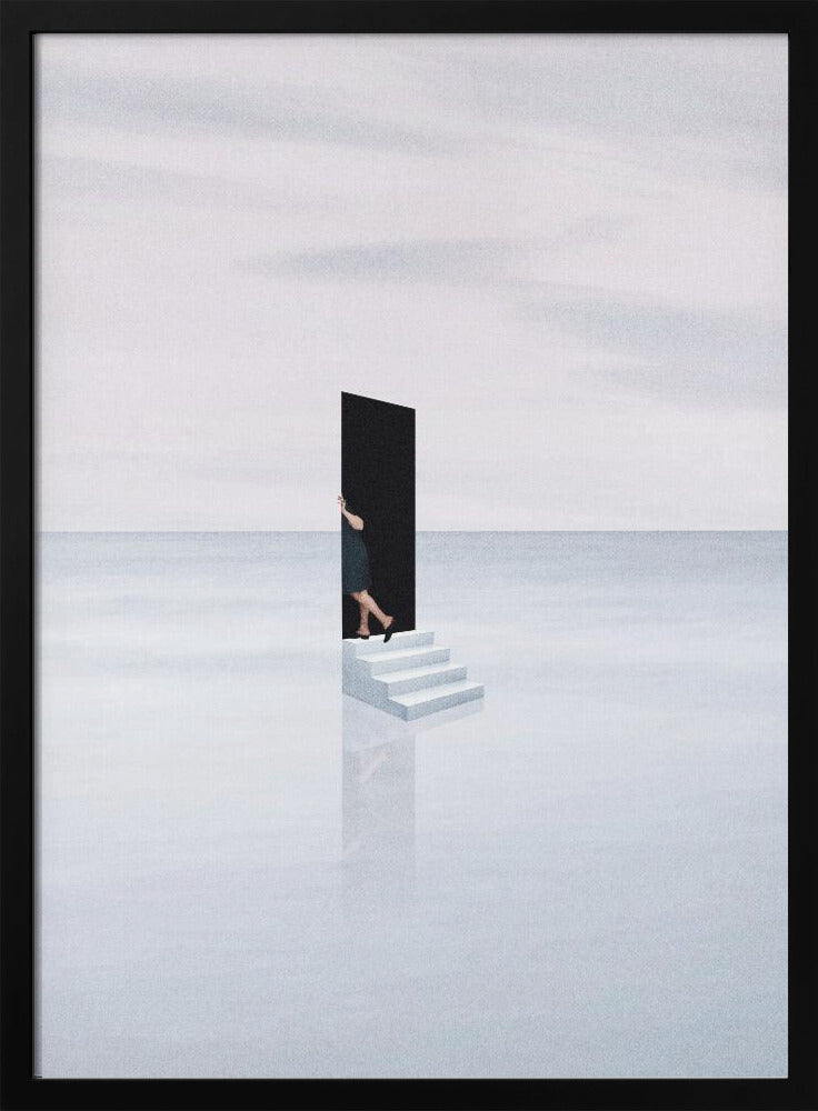 A surreal, minimalist artwork depicting a woman in a dark dress stepping through a freestanding black rectangular doorway. The doorway sits atop a small set of white stairs, which are placed in the middle of a vast, tranquil, light grey expanse where the horizon between a calm sea and a cloudy sky is barely visible. The stairs cast a faint reflection on the glossy white surface below. Print