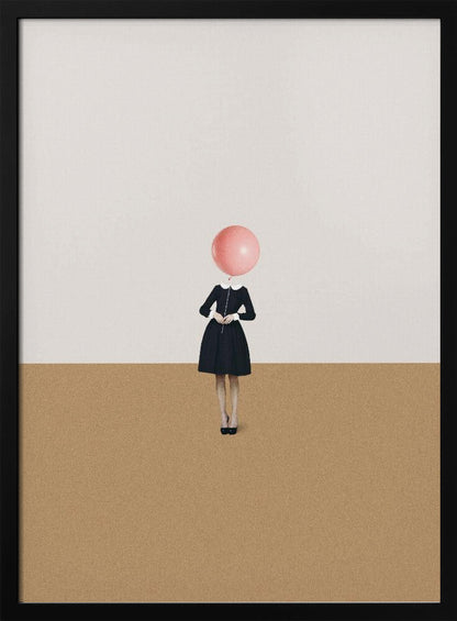 A surrealist artwork of a woman in a black dress, whose head is replaced by a pink balloon. She stands against a background horizontally divided into off-white on top and sandy brown on the bottom. Print