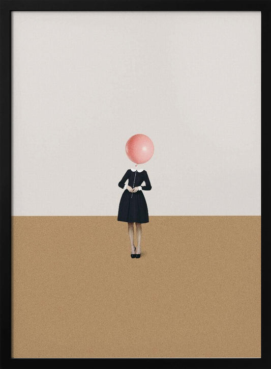 A surrealist artwork of a woman in a black dress, whose head is replaced by a pink balloon. She stands against a background horizontally divided into off-white on top and sandy brown on the bottom. Print