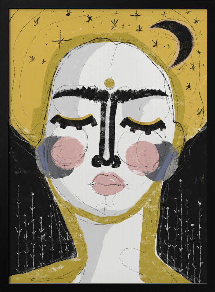 An abstract, framed painting of a serene face with closed eyes. The face is rendered in white with pink blush on the cheeks and bold, black lines for the unibrow and nose. A golden dot adorns the forehead. The background is a vibrant mustard yellow featuring a black crescent moon and simple star sketches. Wall Art