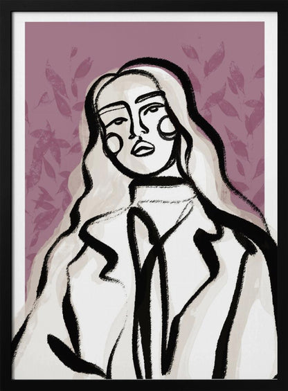 An abstract fashion illustration of a woman with long, wavy, light-colored hair, outlined in bold black brushstrokes. She wears a coat over a high-necked shirt, set against a dusty purple background with a faint leaf pattern. Wall Art