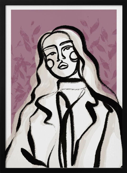 An abstract fashion illustration of a woman with long, wavy, light-colored hair, outlined in bold black brushstrokes. She wears a coat over a high-necked shirt, set against a dusty purple background with a faint leaf pattern. Wall Art