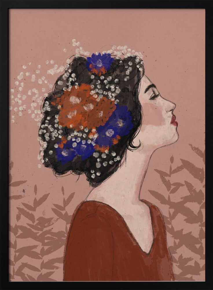 An illustrative portrait of a woman in profile with her head tilted back and eyes closed. Her dark, curly hair is adorned with vibrant orange, blue, and small white flowers. She is wearing a rust-colored top against a dusty pink background with a faint leaf pattern. Print