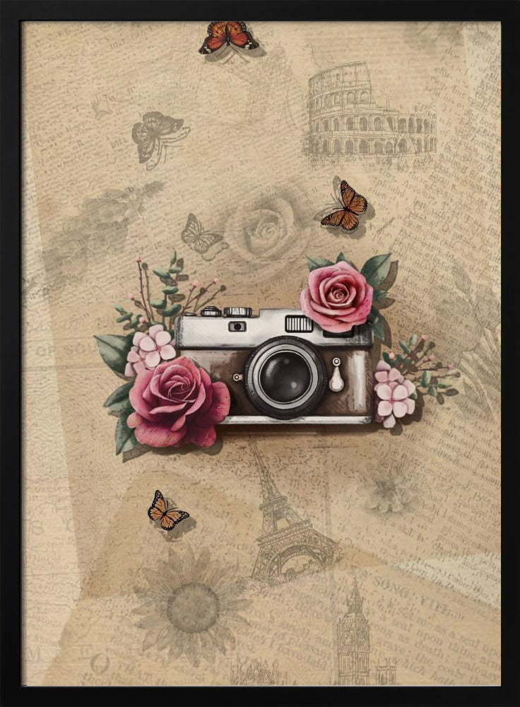 A vintage-style collage art piece in a black frame. The central focus is a retro camera adorned with pink and magenta roses and green leaves. The background is a sepia-toned collage of old newspaper or book pages, with faint illustrations of European landmarks like the Colosseum and the Eiffel Tower, along with butterflies and flowers. Poster