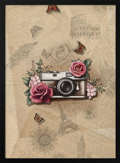 A vintage-style collage art piece in a black frame. The central focus is a retro camera adorned with pink and magenta roses and green leaves. The background is a sepia-toned collage of old newspaper or book pages, with faint illustrations of European landmarks like the Colosseum and the Eiffel Tower, along with butterflies and flowers. Poster