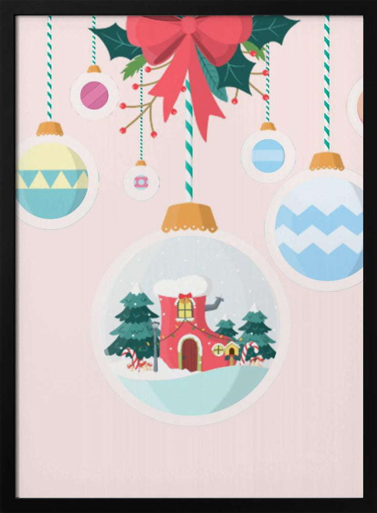A festive Christmas illustration featuring hanging ornaments against a soft pink background. A large central ornament depicts a charming winter scene with a red, boot-shaped house covered in snow, nestled among pine trees. Other colorful, patterned baubles hang from striped strings, all under a large red bow with holly. Decor