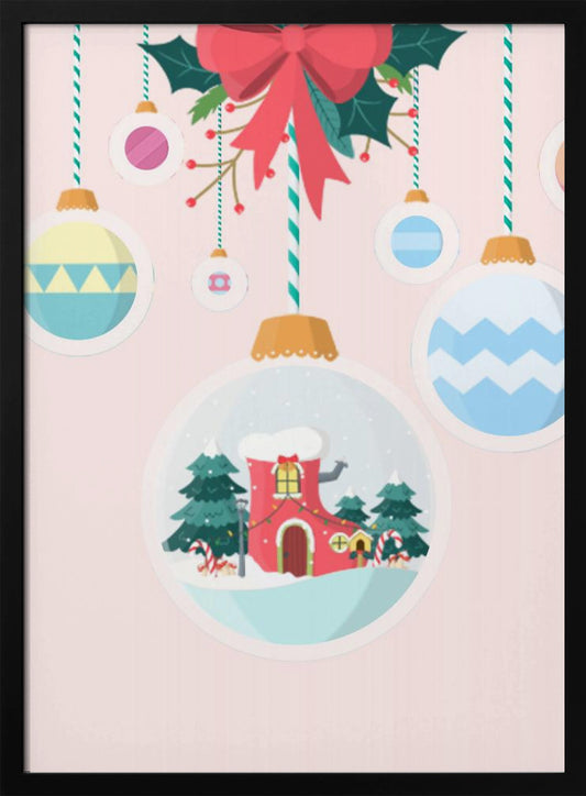 A festive Christmas illustration featuring hanging ornaments against a soft pink background. A large central ornament depicts a charming winter scene with a red, boot-shaped house covered in snow, nestled among pine trees. Other colorful, patterned baubles hang from striped strings, all under a large red bow with holly. Decor