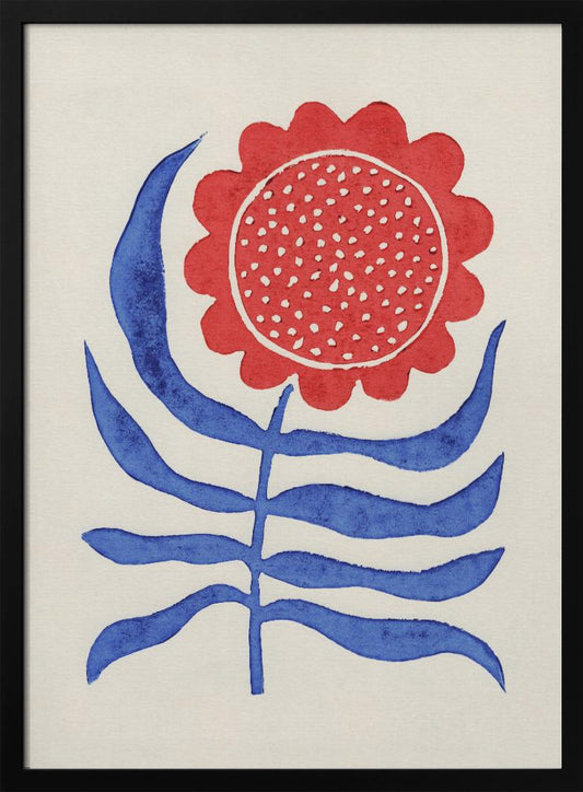 A stylized folk art painting of a flower featuring a large, round red bloom with white polka dots and bold blue leaves on a single stem. The illustration is set against a cream-colored background and enclosed in a thin black frame. Wall Art