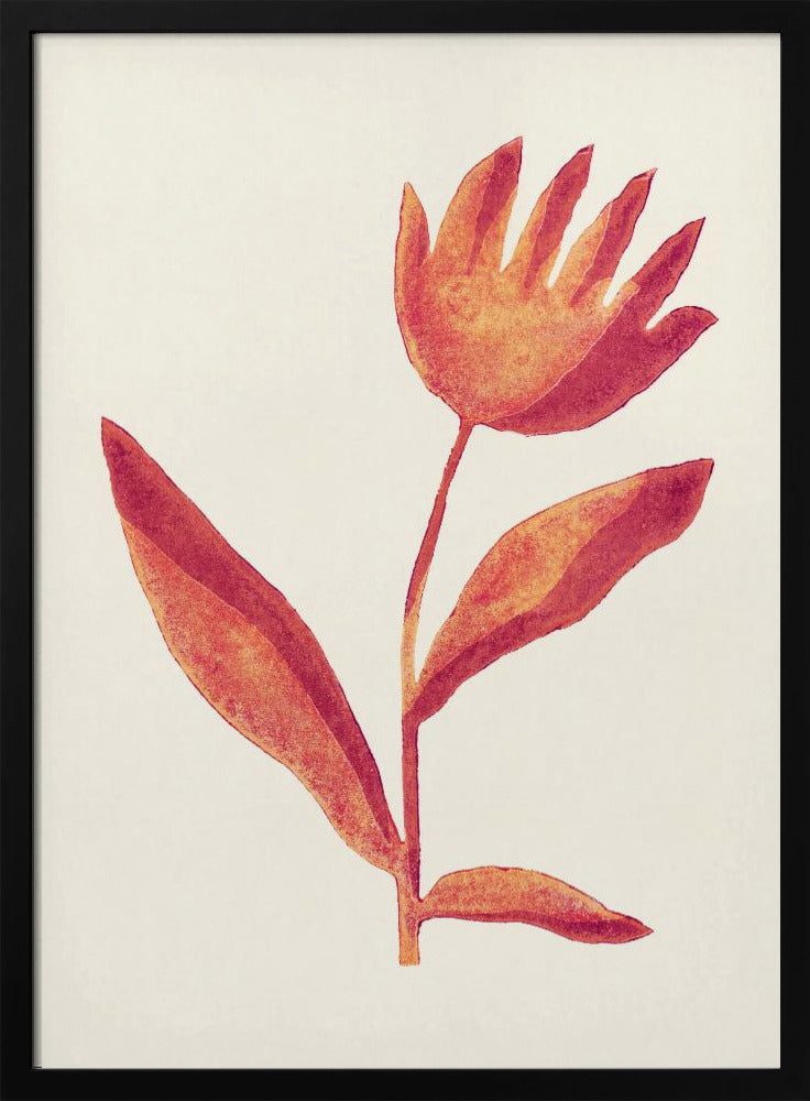 A framed art print featuring a stylized watercolor flower. The blossom, in shades of orange and red, resembles an open hand. It sits atop a simple stem with leaves against a cream background. Poster
