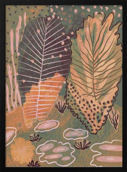 An abstract, vertical illustration of a botanical scene featuring two large, stylized leaves at the center. One leaf is dark green with white veins, while the other is a mix of yellow and light green. The background is a textured, darker green filled with various smaller, abstract plant forms in shades of pink, orange, and dark brown, all enclosed in a thin black frame. Poster