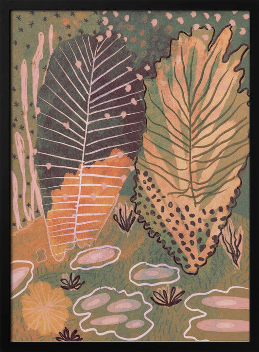 An abstract, vertical illustration of a botanical scene featuring two large, stylized leaves at the center. One leaf is dark green with white veins, while the other is a mix of yellow and light green. The background is a textured, darker green filled with various smaller, abstract plant forms in shades of pink, orange, and dark brown, all enclosed in a thin black frame. Poster