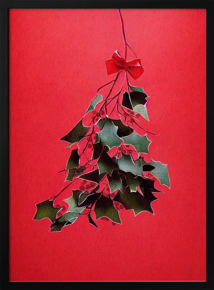 A festive illustration of a bunch of green holly with red berries hanging upside down, tied with a small red bow. The artwork is set against a solid, bright red background and enclosed in a thin black frame. Print