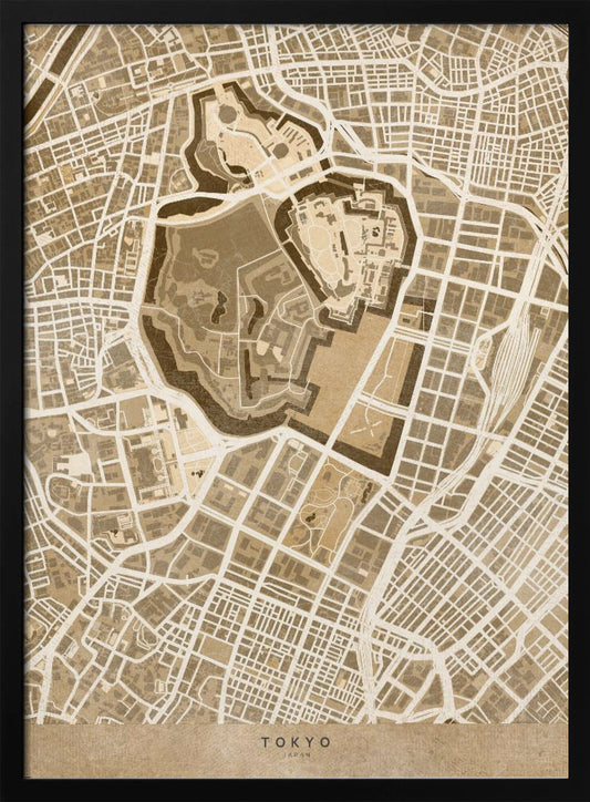 A vintage-style, framed map of Tokyo, Japan, in shades of brown and beige. The map showcases the city's intricate street grid with a focus on a central fortified area, likely the Imperial Palace. The words 'TOKYO' and 'JAPAN' are written at the bottom. Print