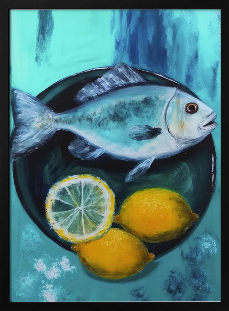 A vibrant still life painting of a silver fish on a dark plate, accompanied by two whole yellow lemons and a lemon slice, set against a painterly turquoise and blue background. Decor