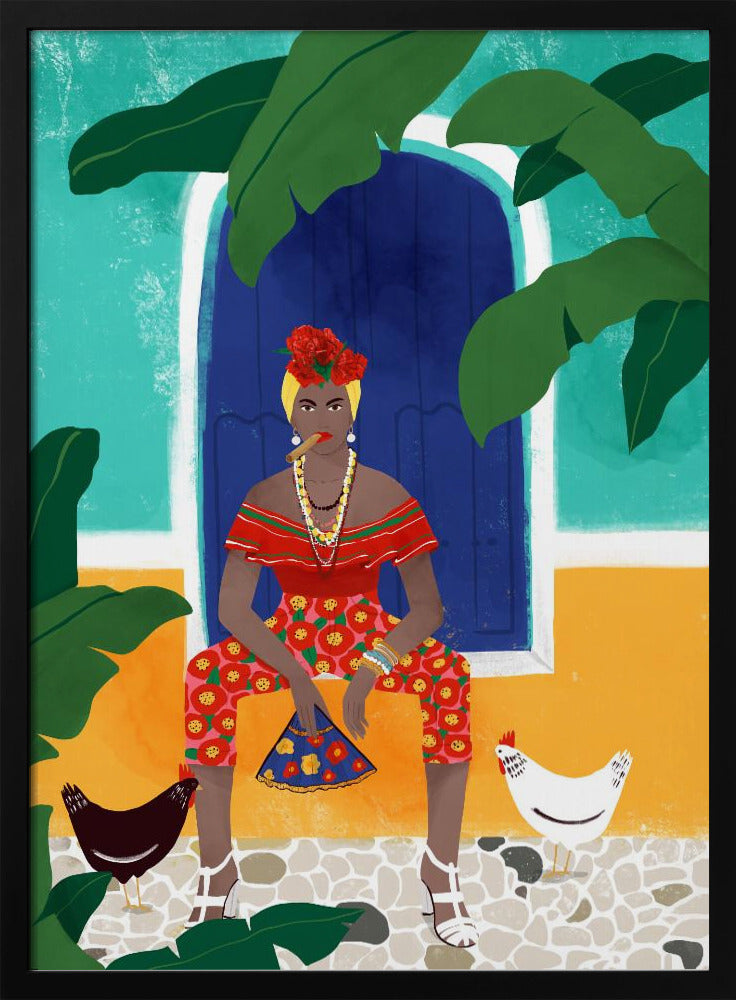 A vibrant, framed illustration of a stylish Black woman smoking a cigar. She sits in front of a blue door on a colorful turquoise and yellow building, wearing a red top, floral pants, and flowers in her hair. Two chickens stand at her feet on a cobblestone path, and large green leaves frame the scene. Decor