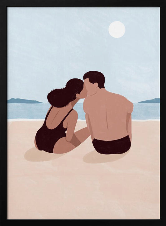 A minimalist illustration of a couple kissing on a sandy beach. The woman, with dark hair and a black swimsuit, and the man, with dark swim trunks, sit with their backs to the viewer, looking out at the calm blue ocean and distant hills under a pale sun. Print