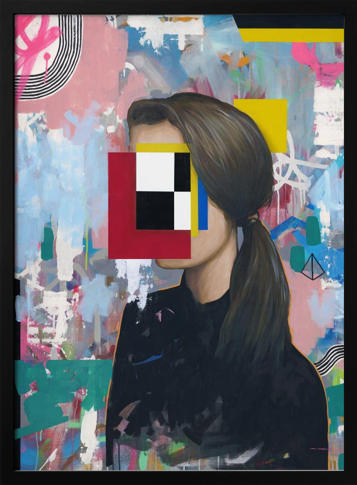 A modern abstract portrait of a woman in profile with her face obscured by a collage of red, yellow, blue, black, and white geometric shapes. She has brown hair in a ponytail and wears a black shirt, set against a vibrant, graffiti-style background of pink, blue, and teal brushstrokes. Decor